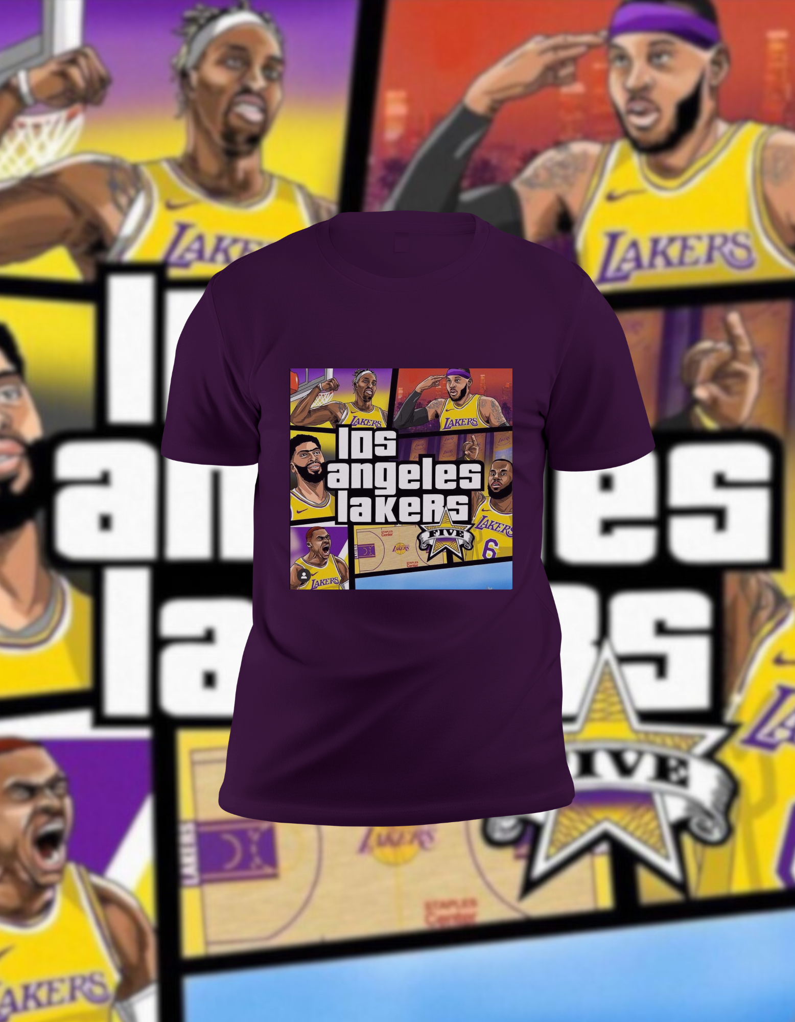 Los Angeles Lakers "GTA" Parody Cartoon Player Purple T-Shirt