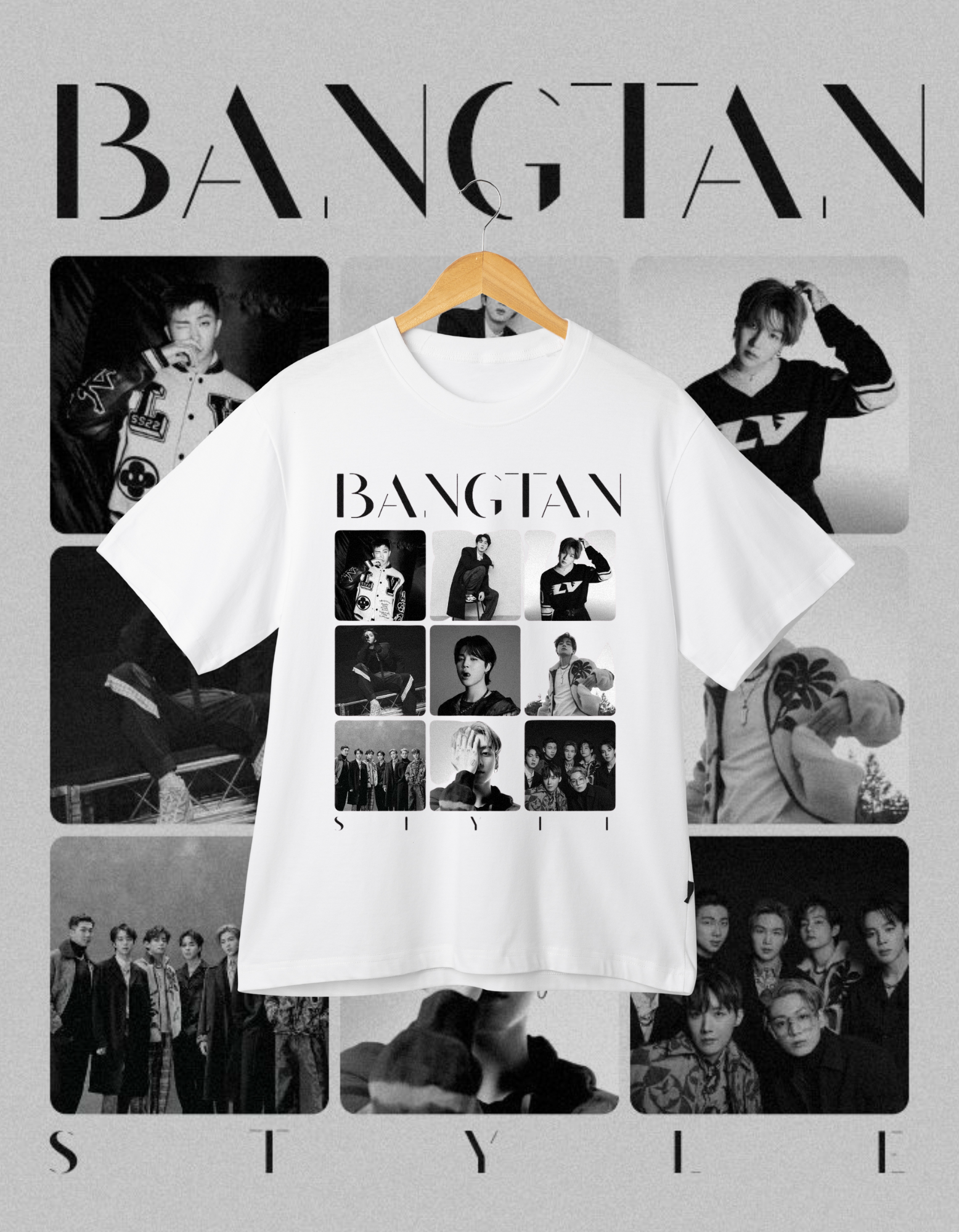 BTS Bangtan Style Black & White Photo Grid T-Shirt