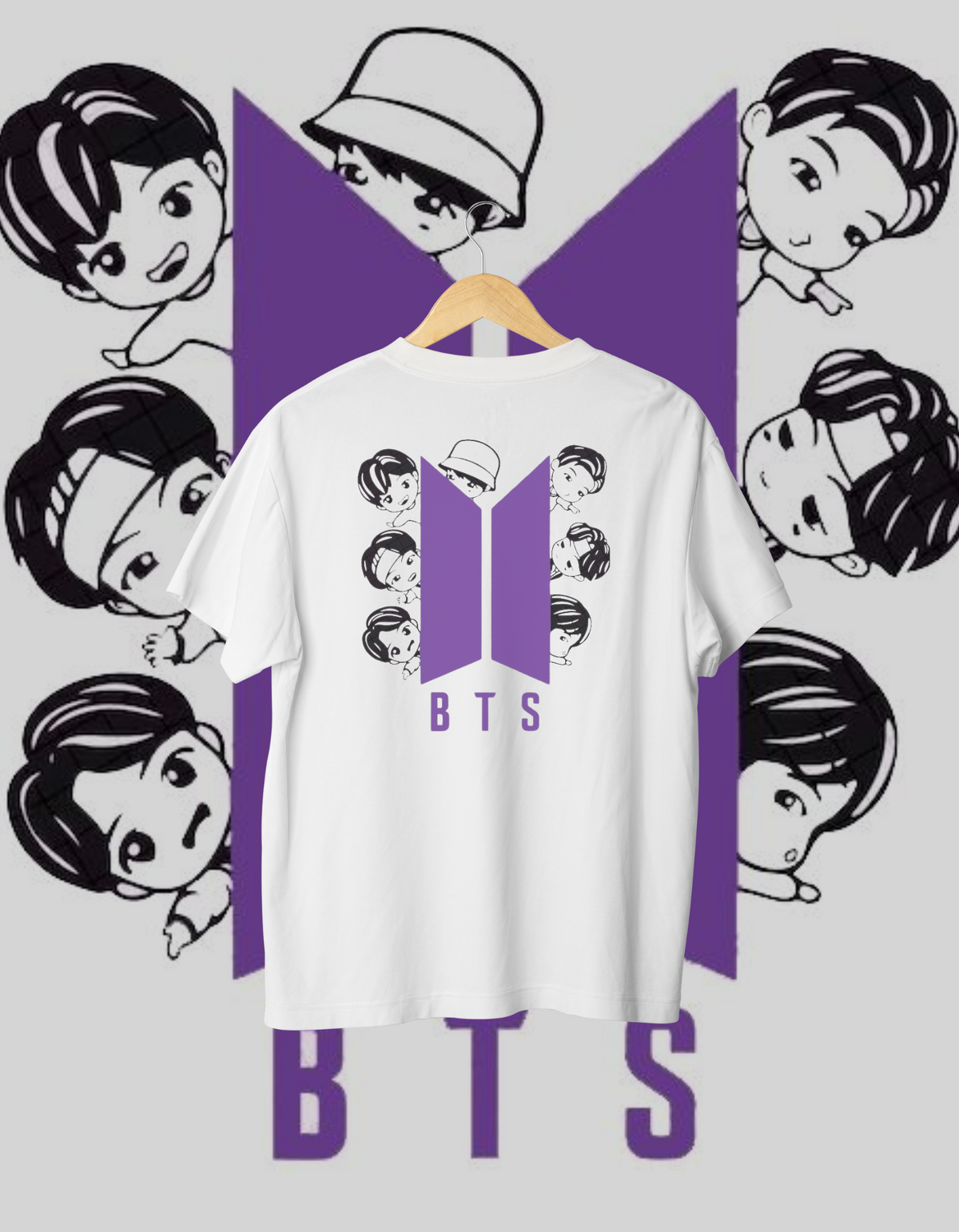 BTS Chibi Members Purple Logo Back Print T-Shirt ARMY Merch