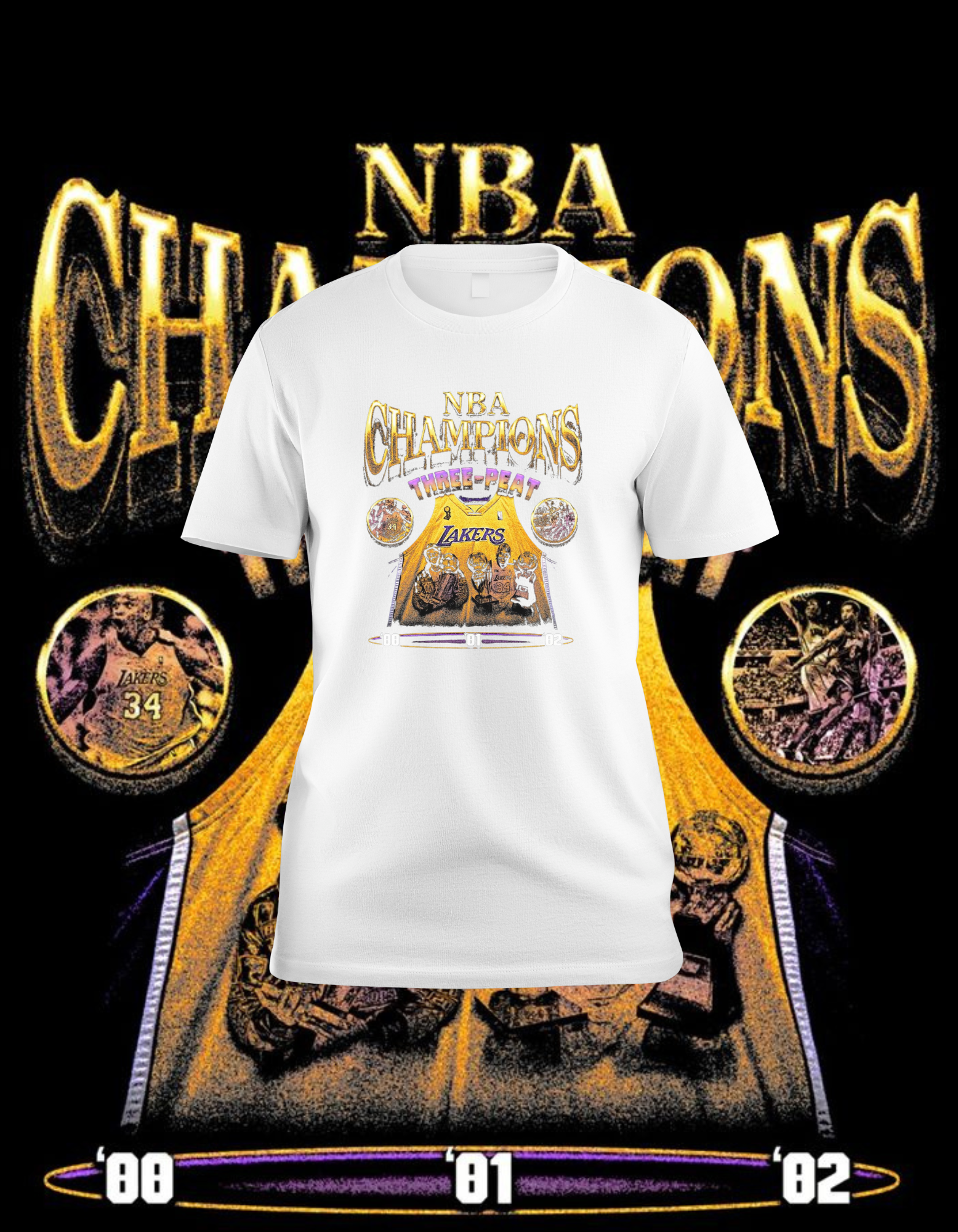 akers '00-'02 Three-Peat Champs T-Shirt: Shaq & Kobe Dynasty Tee