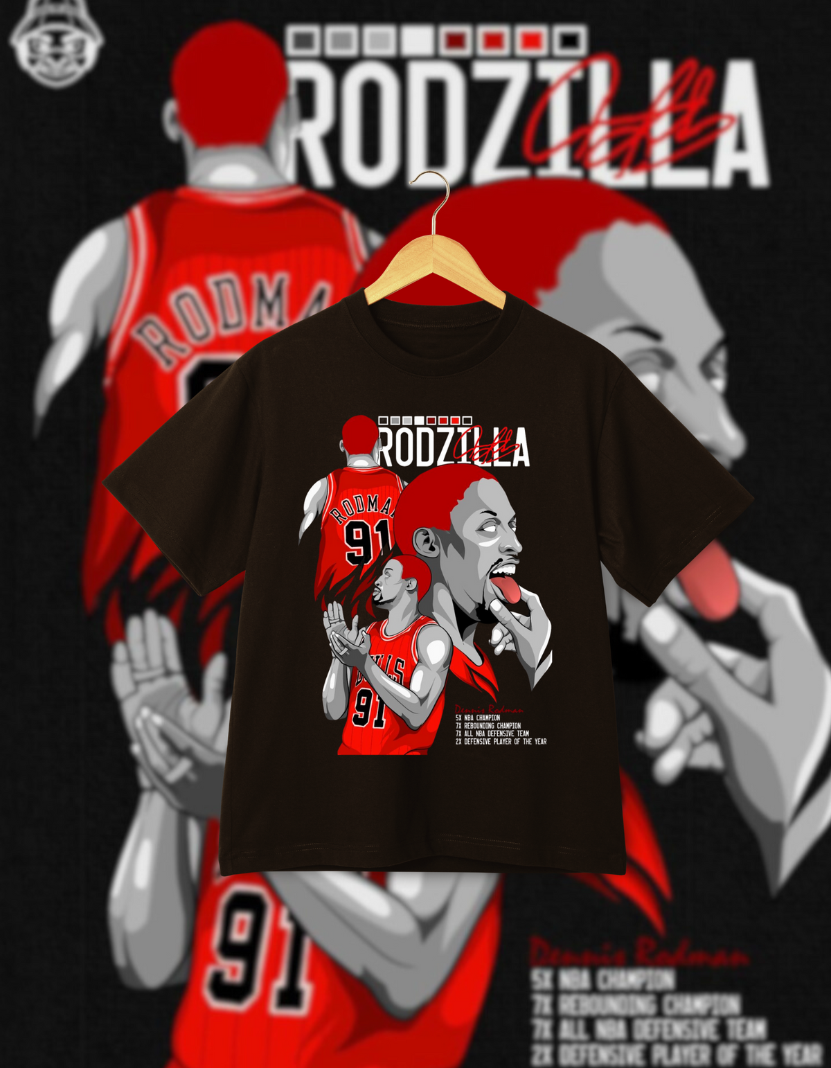 Dennis Rodman "Rodzilla" Chicago Bulls Drop Shoulder T-Shirt