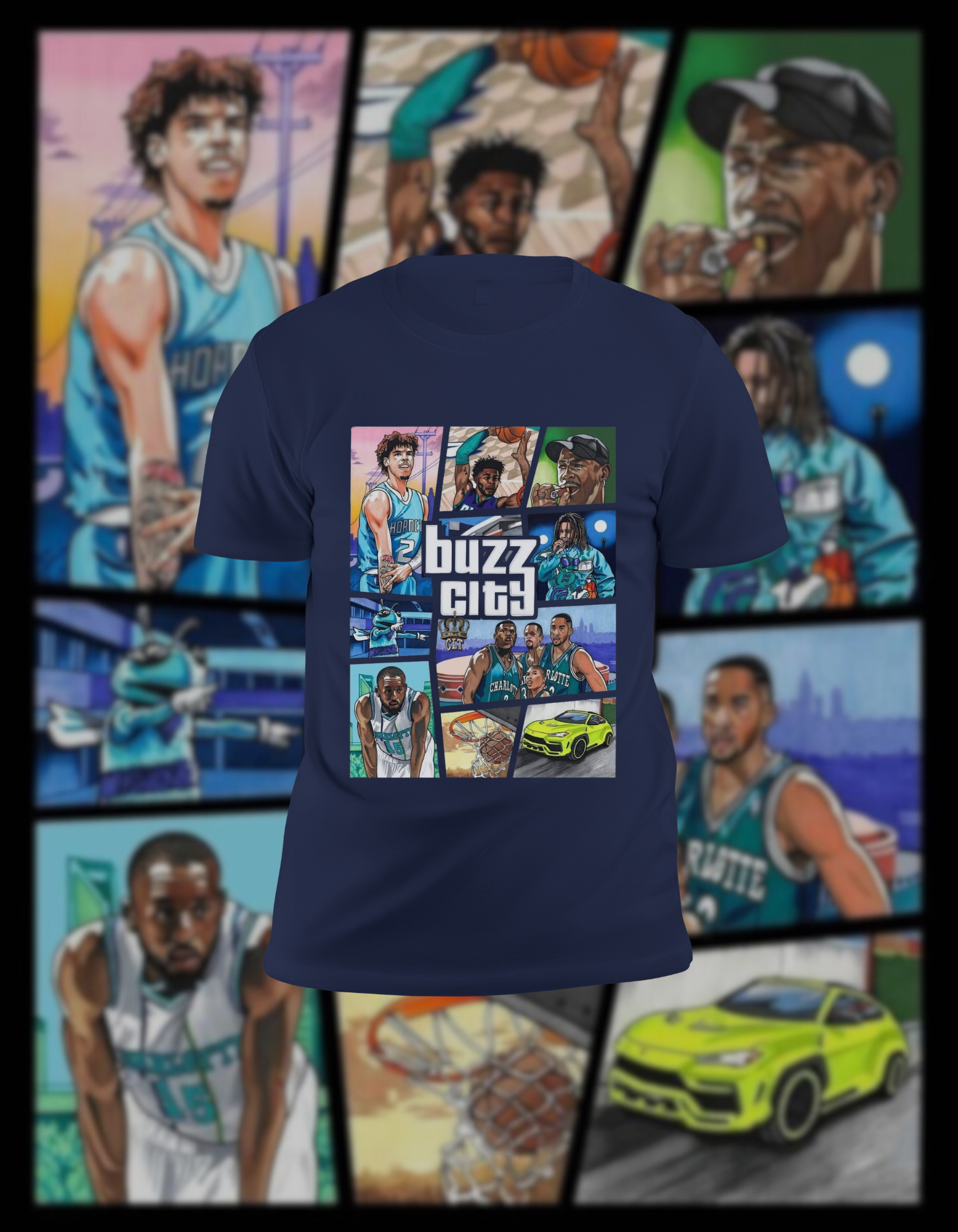 Charlotte Hornets 'Buzz City' Collage T-Shirt - LaMelo Ball & Team Graphic Tee