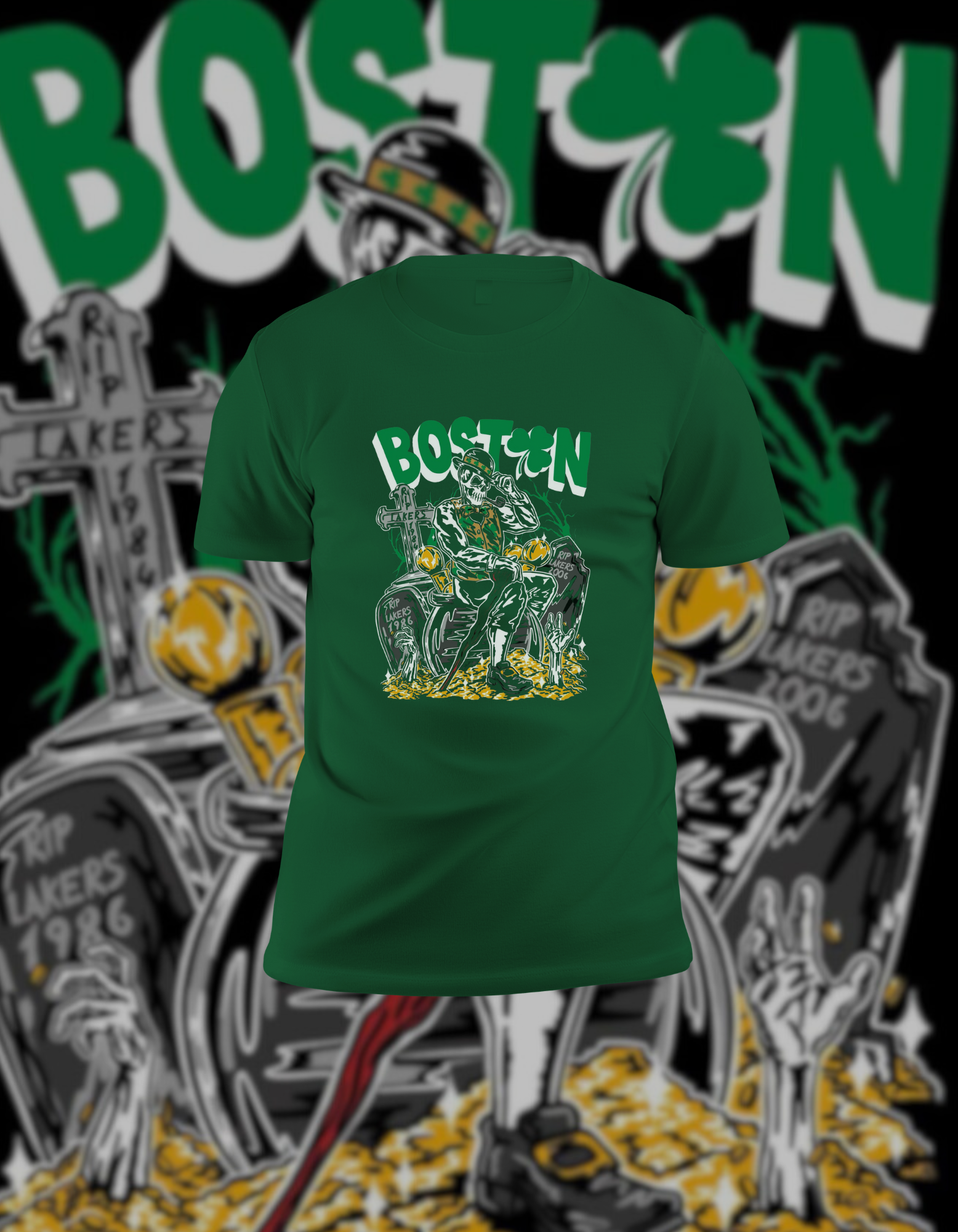 BOSTON Rivalry Celtics Lakers Graveyard Graphic Green T-Shirt