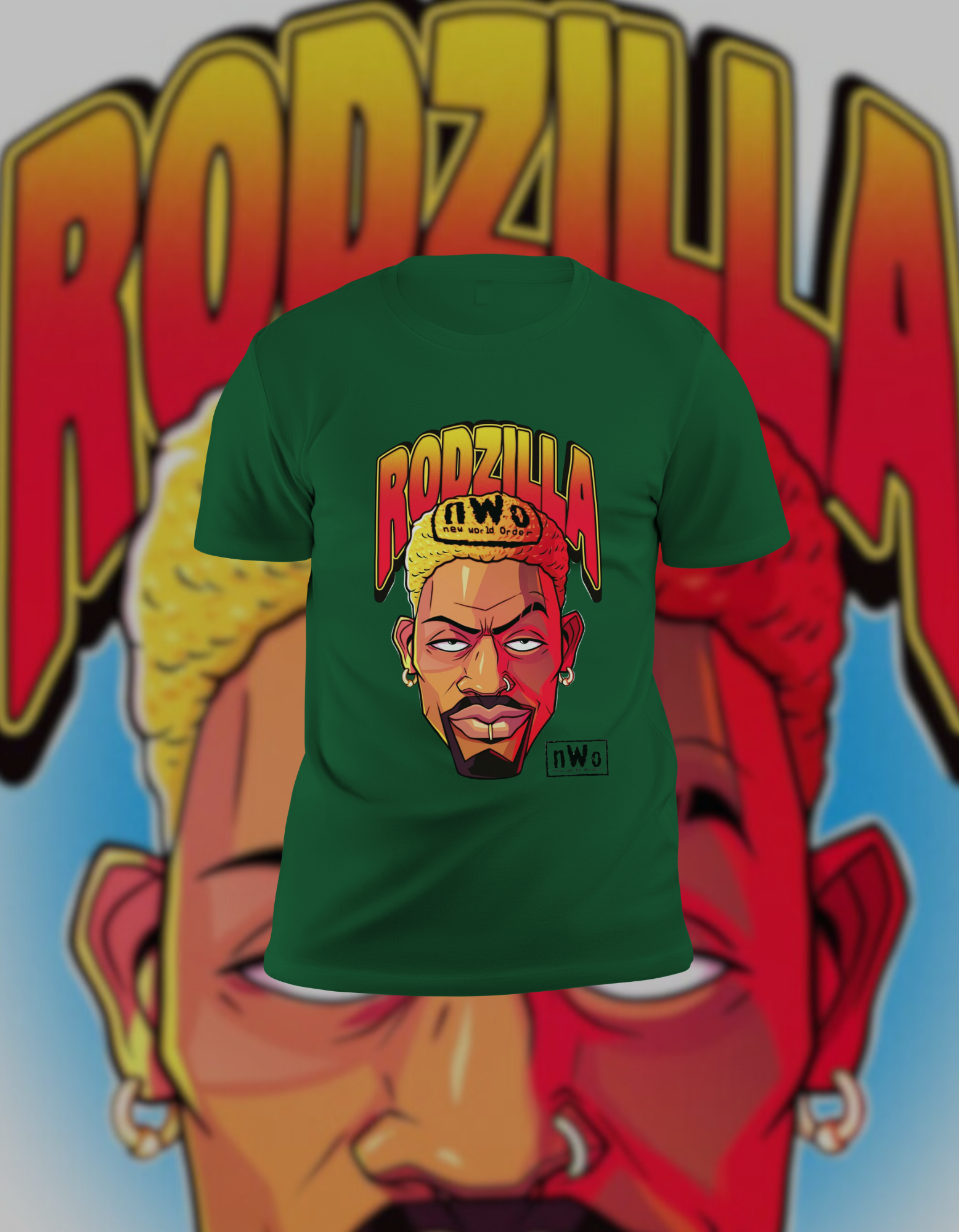 Dennis Rodman "Rodzilla" NWO Cartoon Portrait Green T-Shirt