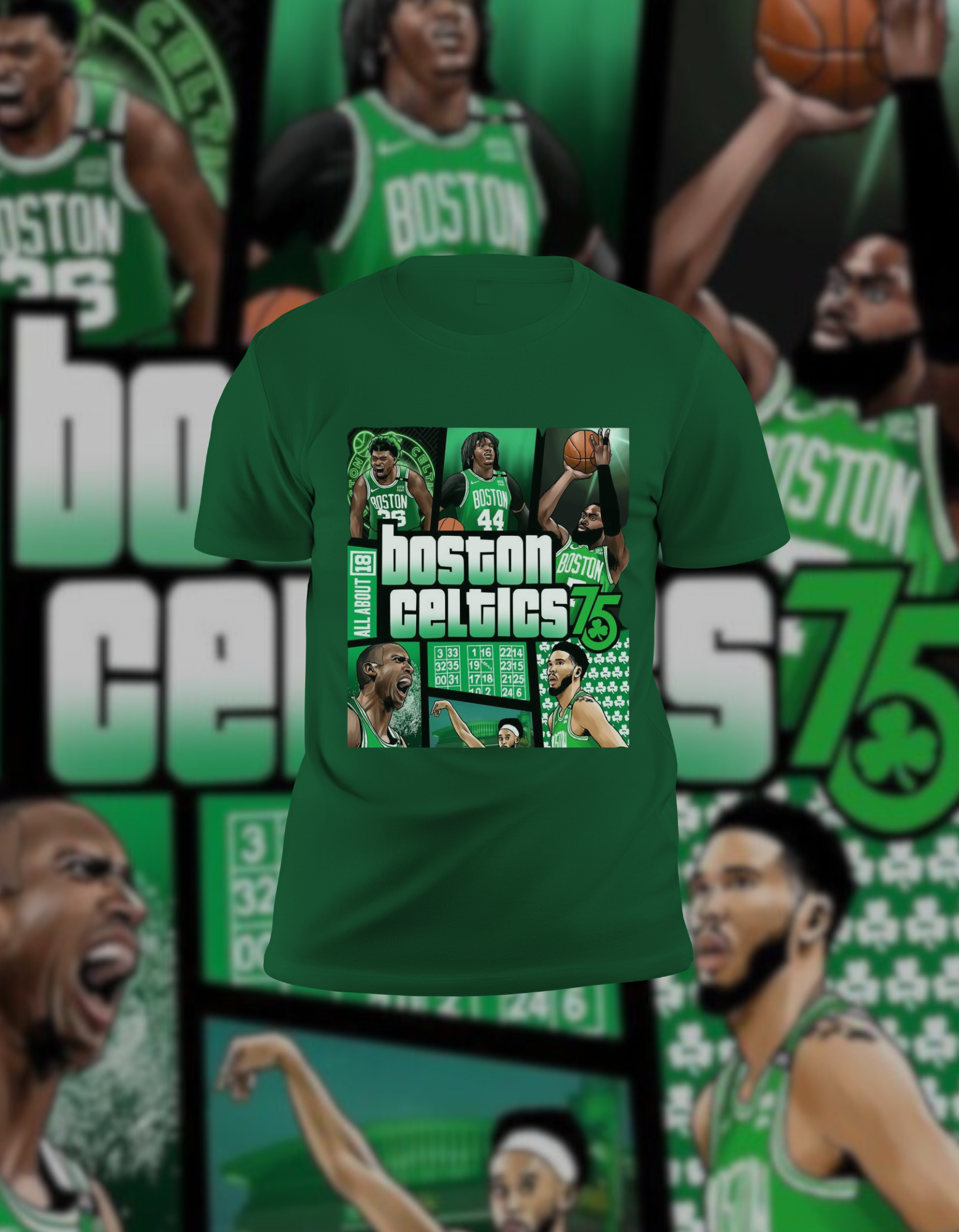 Boston Celtics Modern Player Collage 75th Anniversary Graphic Green T-Shirt