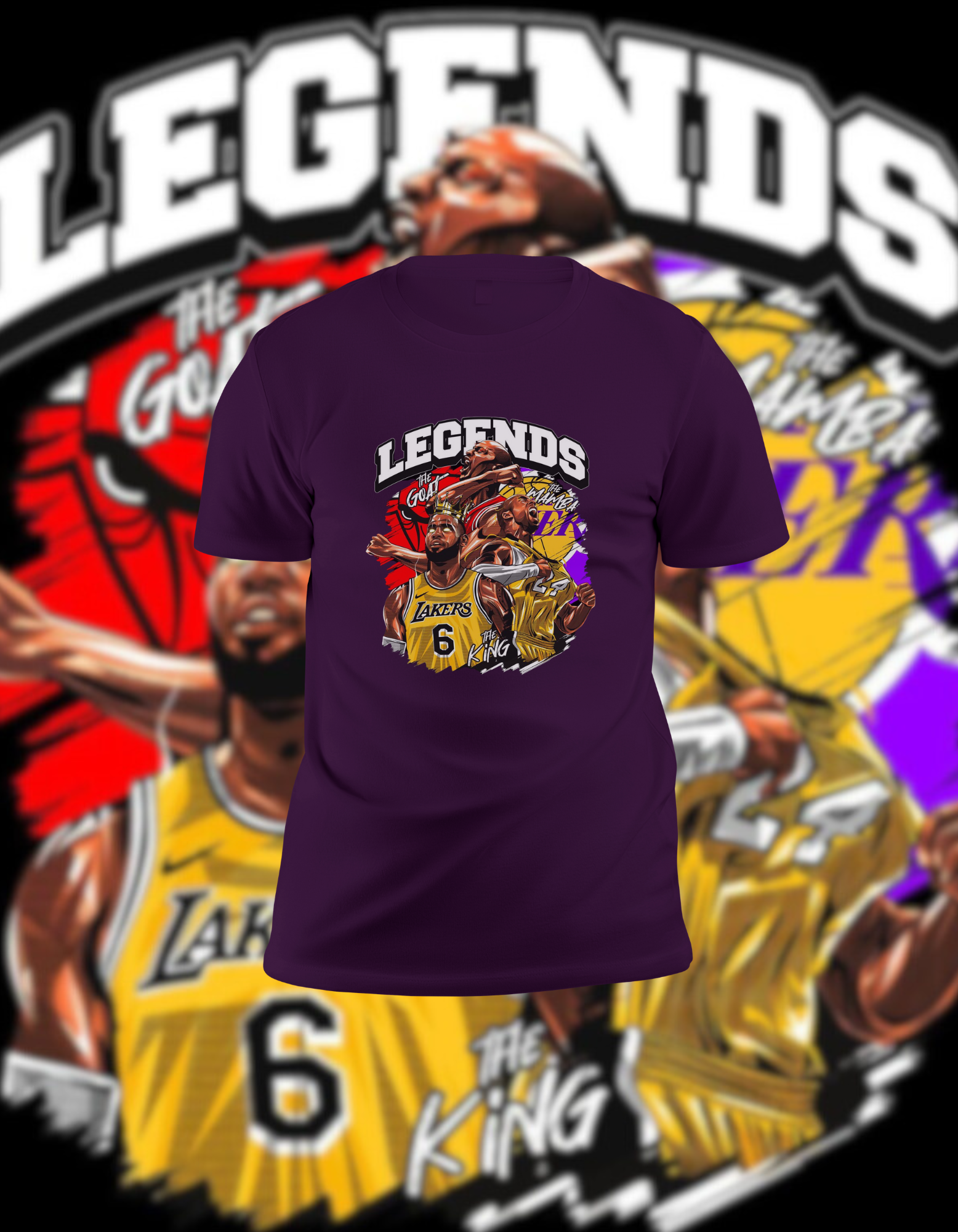 LeBron James & Kobe Bryant "The GOAT King" Legends Purple T-Shirt