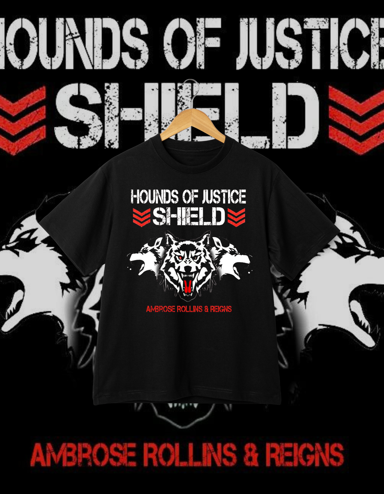 The Shield "Hounds of Justice" Ambrose Rollins Reigns Red/Black T-Shirt