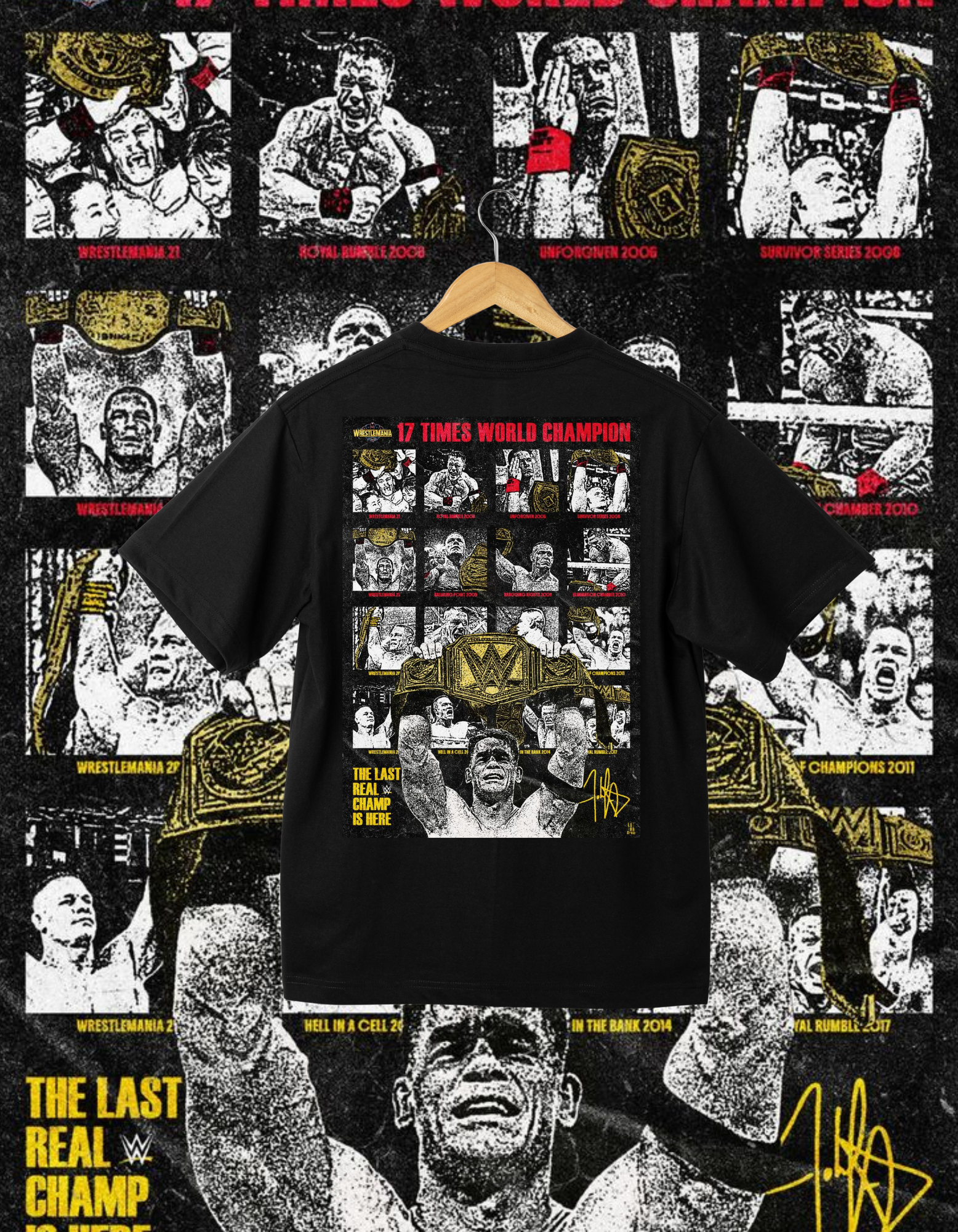John Cena 17x World Champion Career Collage Black Wrestling T-Shirt