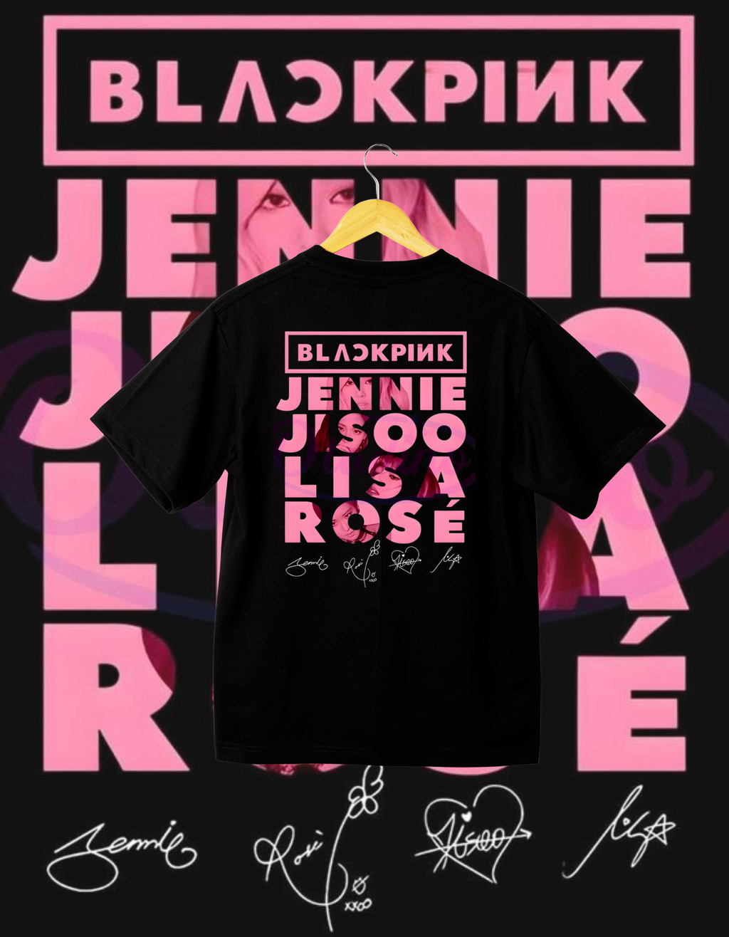 BLACKPINK Member Names & Signatures Black T-Shirt BLINK Merch