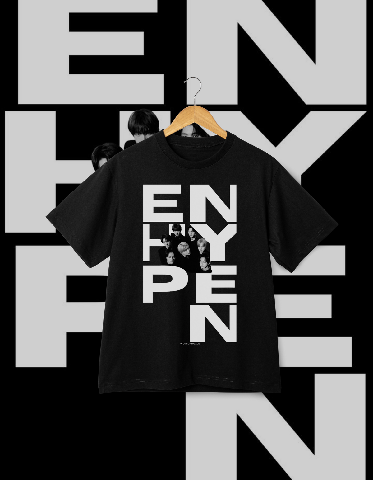 ENHYPEN Group Photo Black & White Logo T-Shirt ENGENE Merch